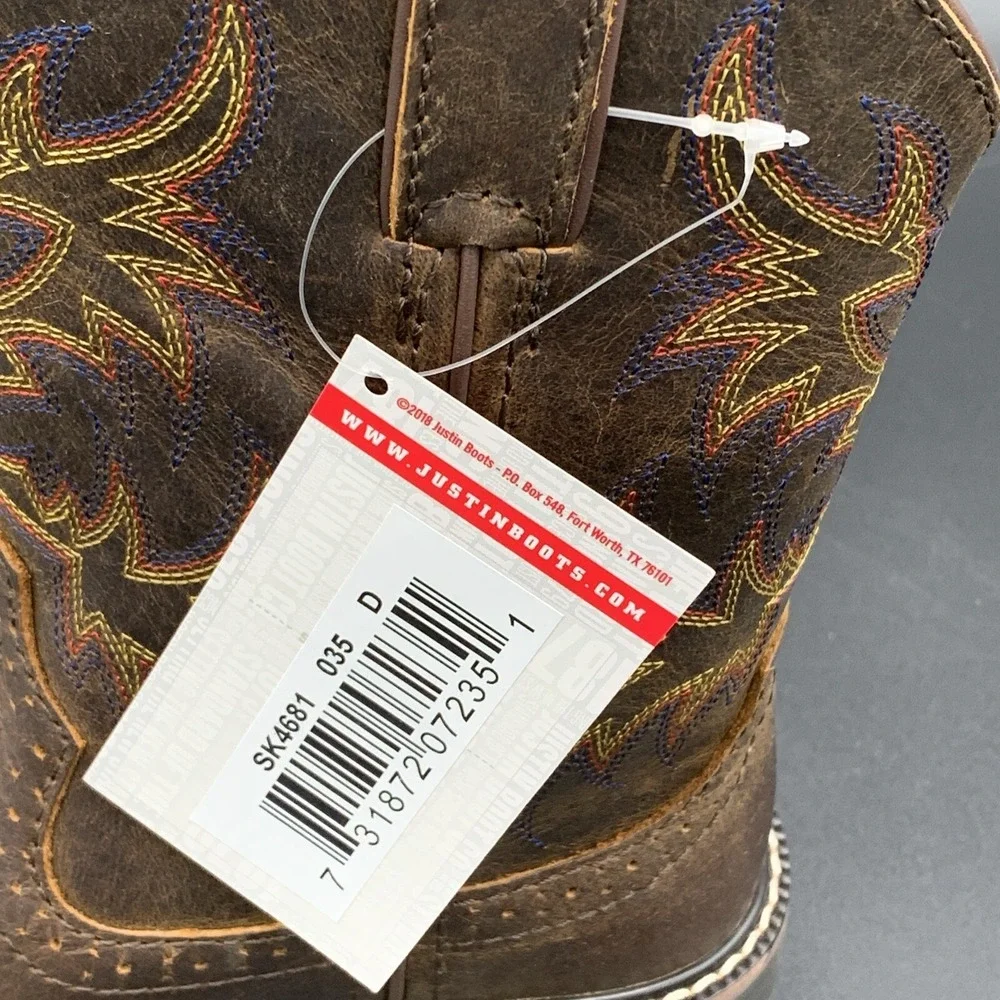 Justin Western‎ Boots Kids Brown Leather Cowboy J-Flex Comfort 3.5 D SK4681